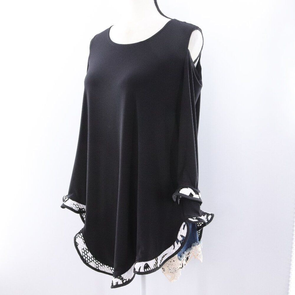 Joseph Ribkoff | Black Tunic Top 6 Cold Shoulder Embroidered Ruffle Hem